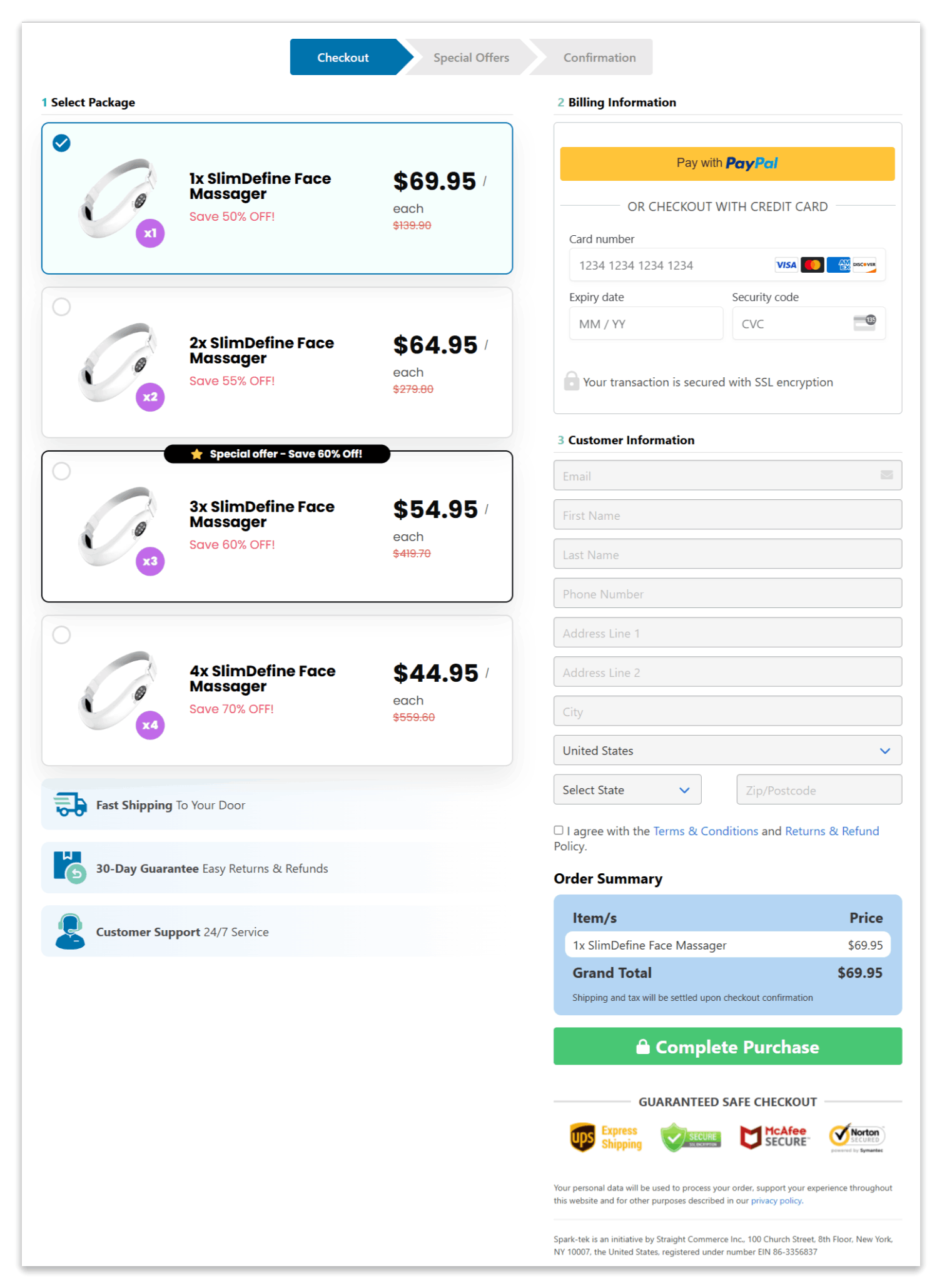 SlimDefine Face Massager checkout page